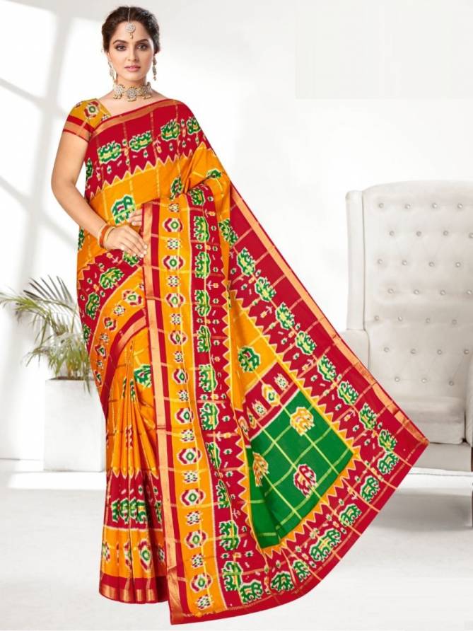 Gold Zari Checks Patola Ethnic Wear Cotton Printed Saree Collection